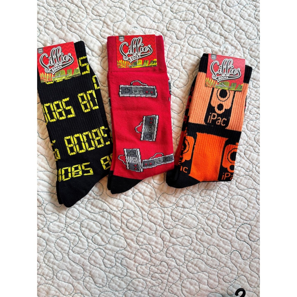 Sillies Socks Novelty Crew Socks Bundle 3 Pairs Gaming Calculator iPac Mens OS